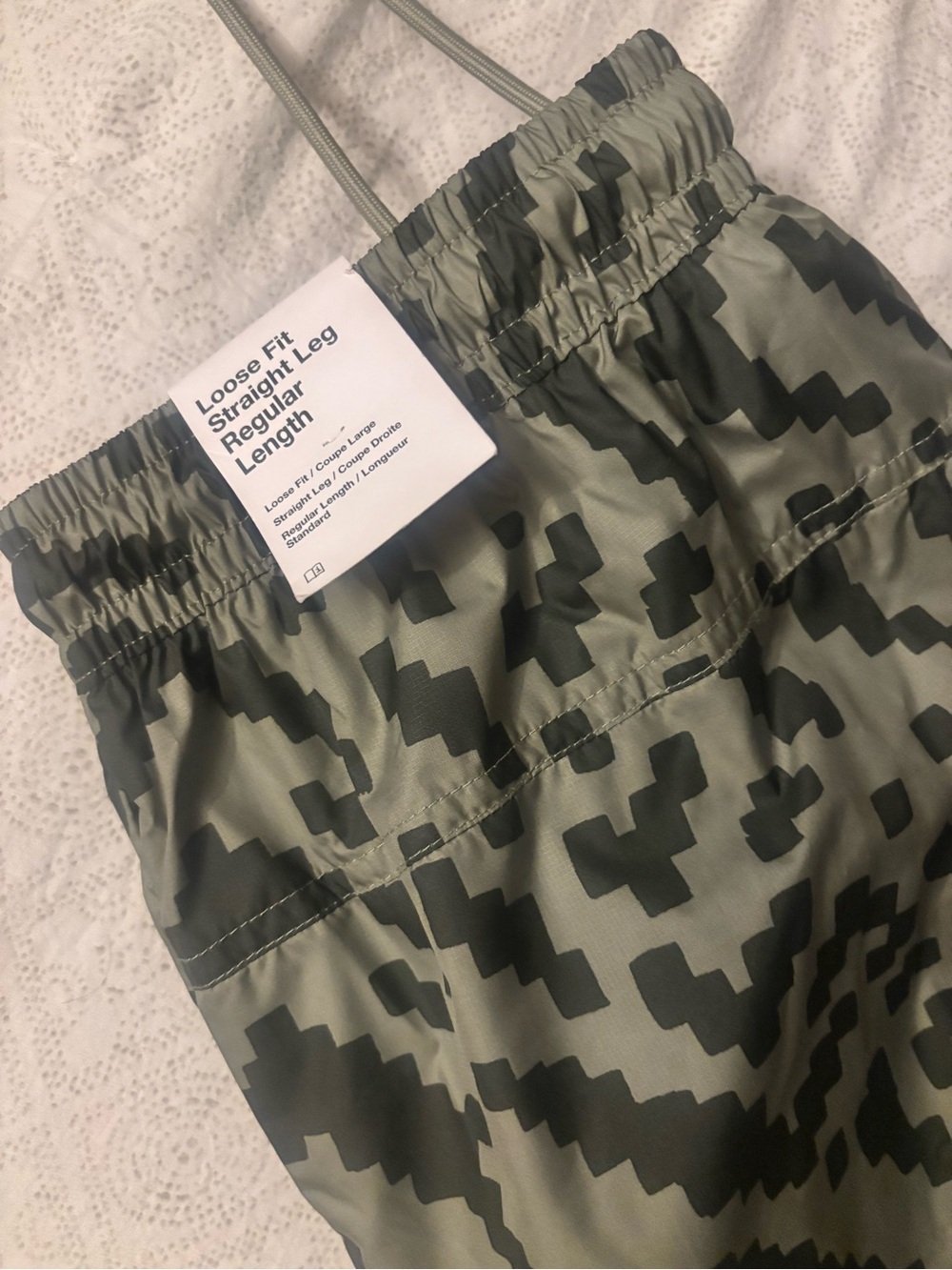 Loose Fit Straight Leg Drawstring Pants - Olive & Dark Green Pixel Print